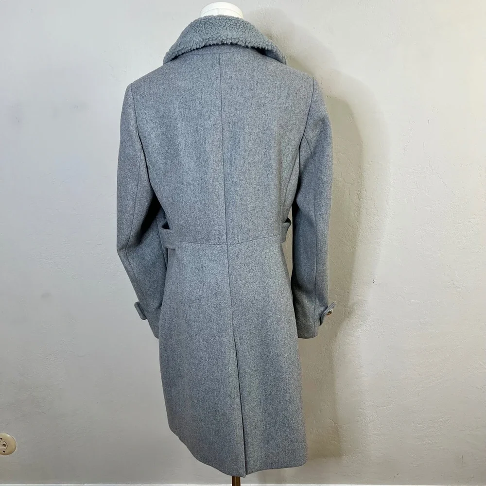 Kate Spade Grey Wool Blend Coat Sherpa Trim Collar Trench Jacket K21765Y Size XS